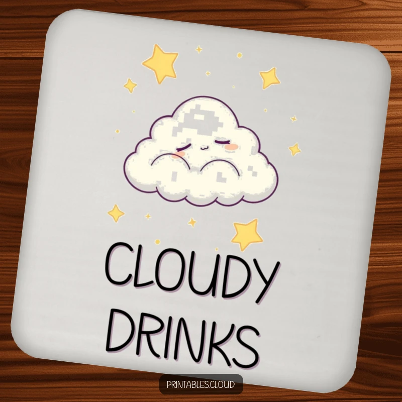 Funny drink coaster featuring a sleepy cloud character peacefully drifting across a starry night sky, a humorous addition to drinkware.