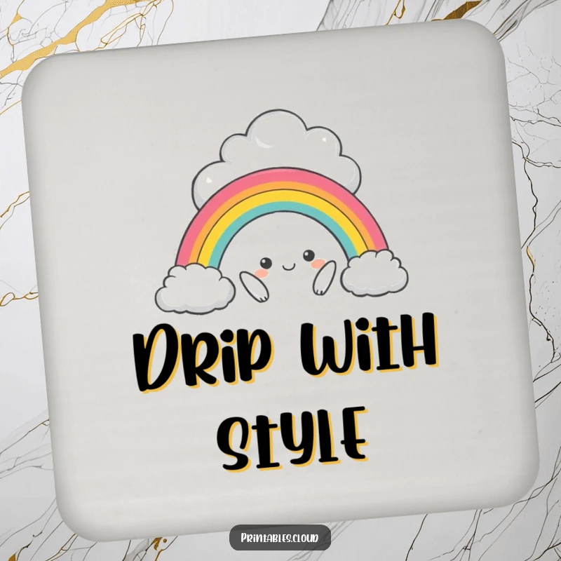 Funny drink coaster featuring a mischievous cloud character creating a miniature rainbow, protecting surfaces with artistic humor.
