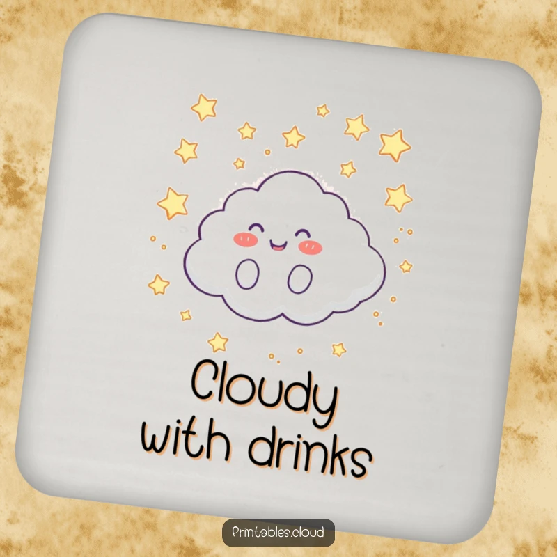 Funny Coaster: A happy cloud character giggles while rolling across a star-filled sky, adding celestial charm.