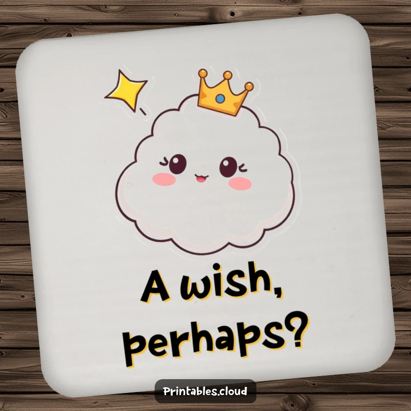 Funny drink coaster with a crowned cloud character looking surprised at a shooting star, protecting surfaces with celestial humor.