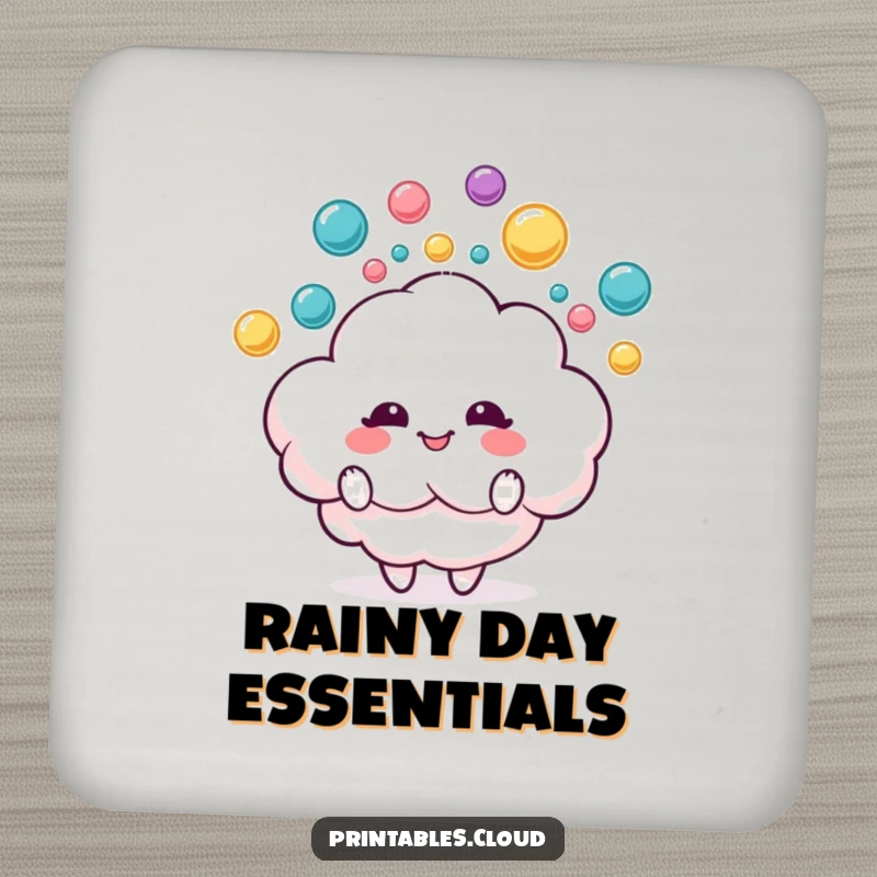 Funny drink coaster featuring a delighted fluffy cloud character juggling colorful raindrops, protecting surfaces with playful cheer.