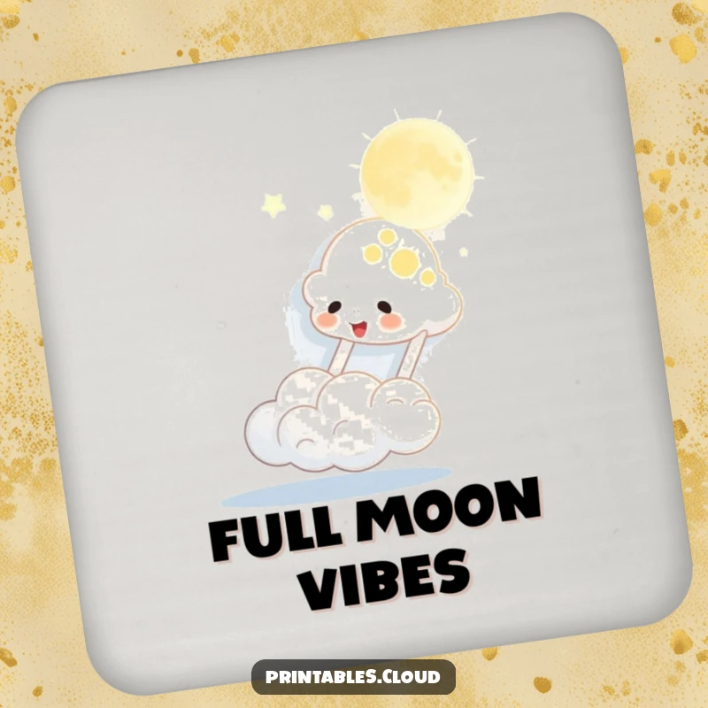 Funny coaster depicting a cloud character bouncing the moon like a ball, protecting surfaces with whimsical charm.