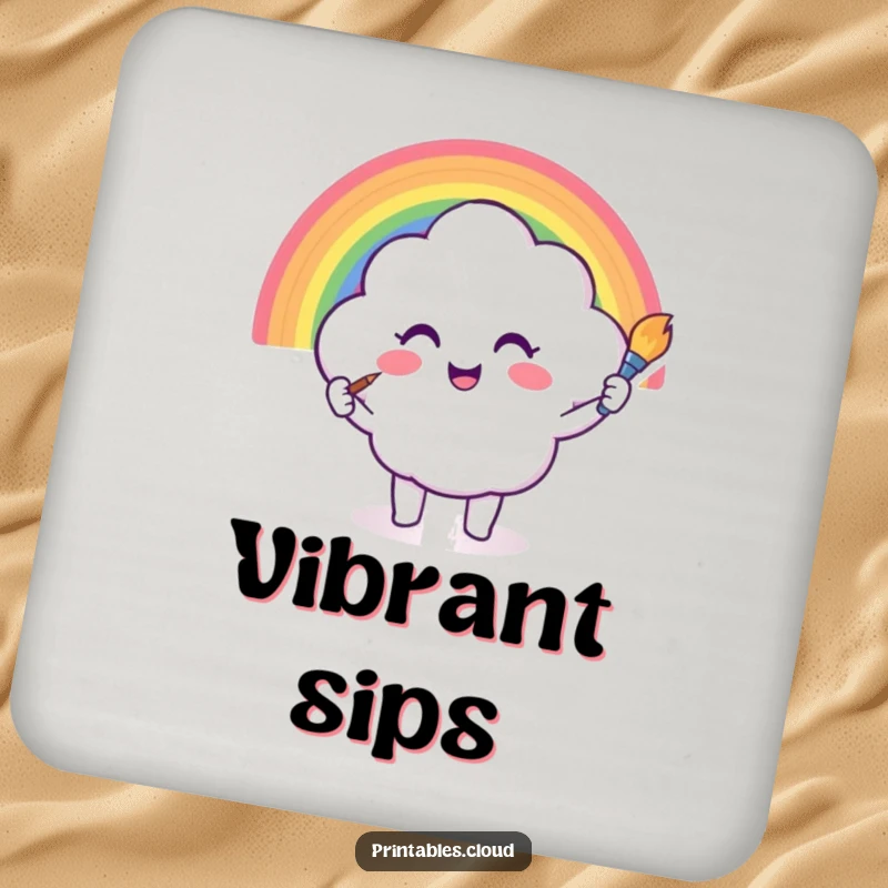 Funny coaster art of a cloud painting a rainbow, artistic protection, humorous and colorful household gift.