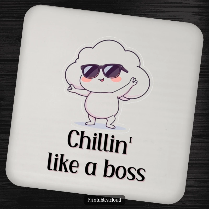 Funny drink coaster featuring a cool cloud character in sunglasses doing a yoga pose, protecting surfaces with serene style.