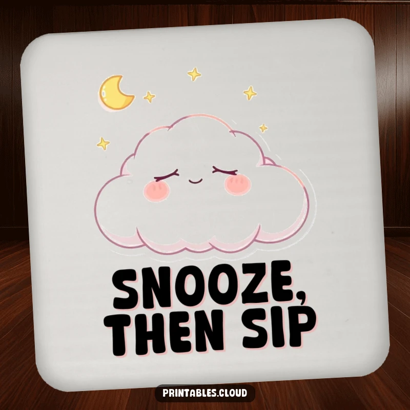 Funny Coaster: Set of coasters featuring a sleeping cloud character with a gentle smile, protecting surfaces with peaceful charm.
