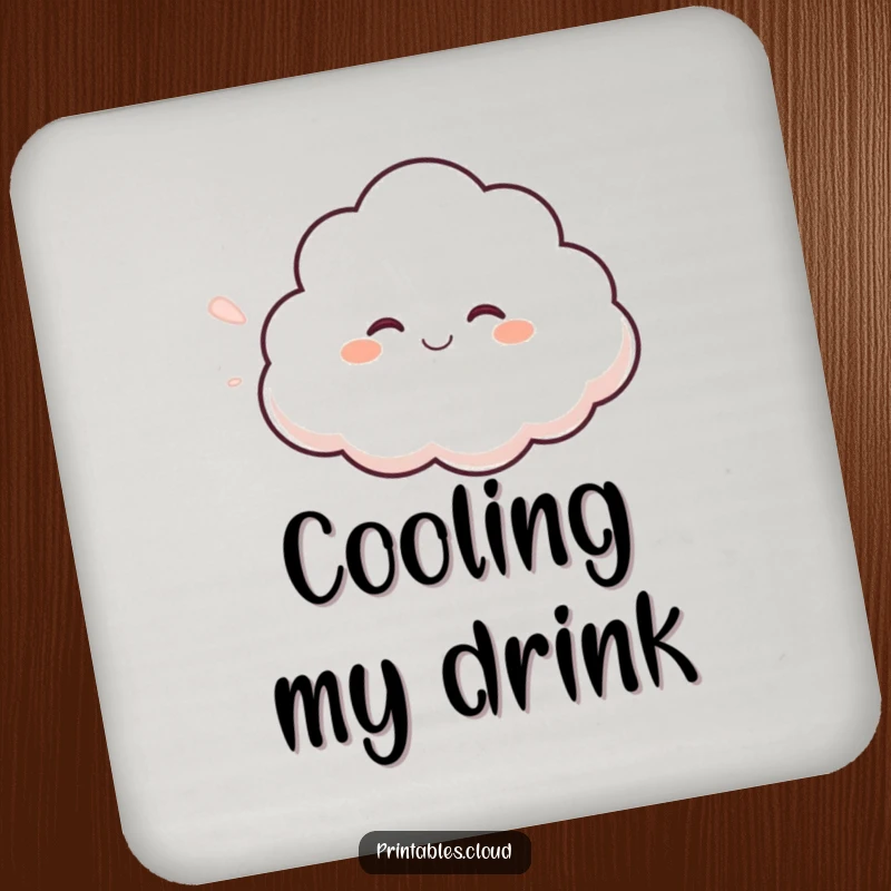 Funny giggling cloud coasters, blowing a gentle breeze, protecting surfaces with charming and humorous weather art.