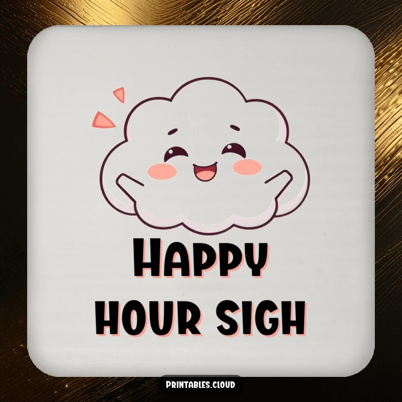 Funny coaster art depicting a content cloud character joyfully posing, exhaling a happy sigh, bringing peaceful protection.