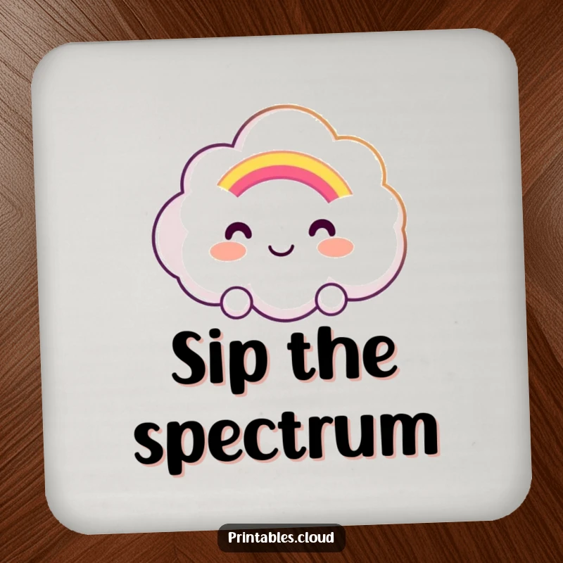 Funny drink coaster with a smiling cloud character offering a soft, glowing rainbow, protecting surfaces with cheerful optimism.