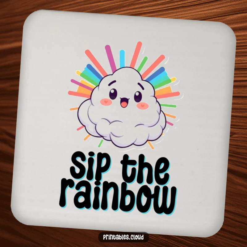 Funny coaster featuring a surprised cloud character bursting with a rainbow, protecting surfaces with vibrant charm.
