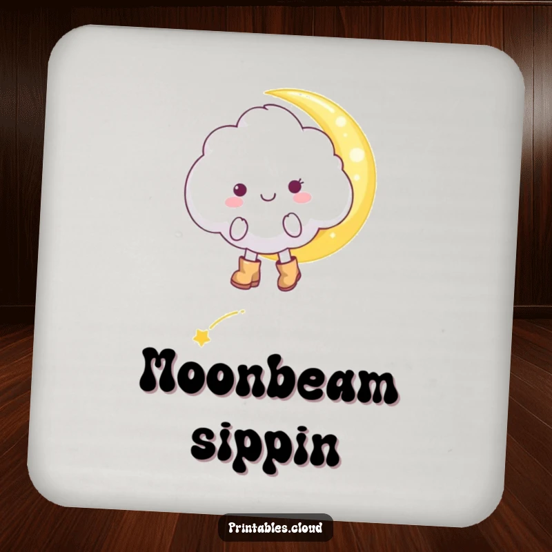 Funny cheerful cloud character, in tiny boots, tiptoeing on a moonbeam, on a drink coaster, protecting surfaces with humor.