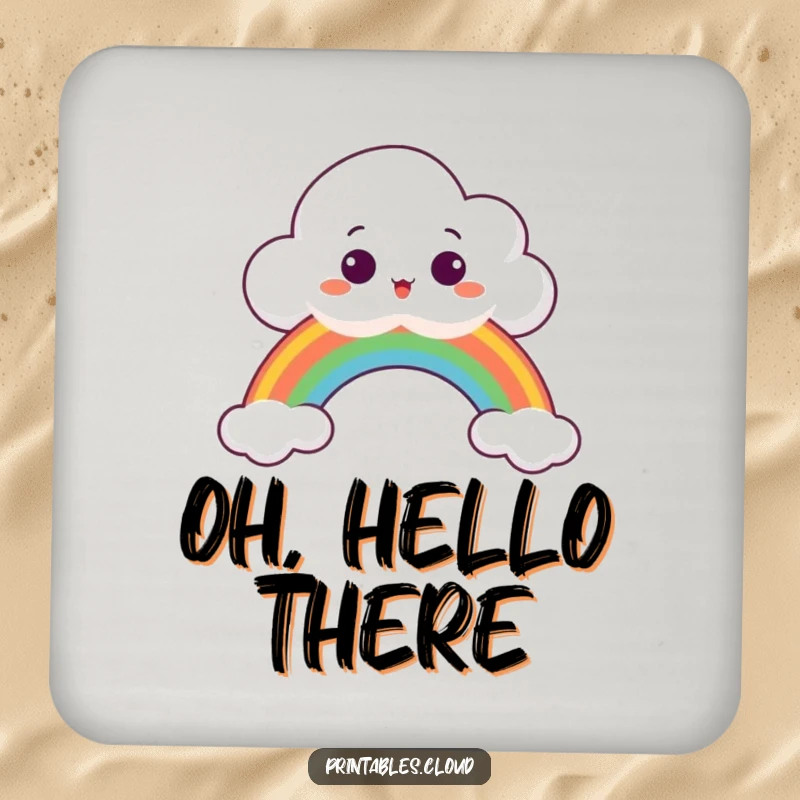 Funny Drink Coaster featuring a surprised cloud peeking over a rainbow, adding whimsical charm.