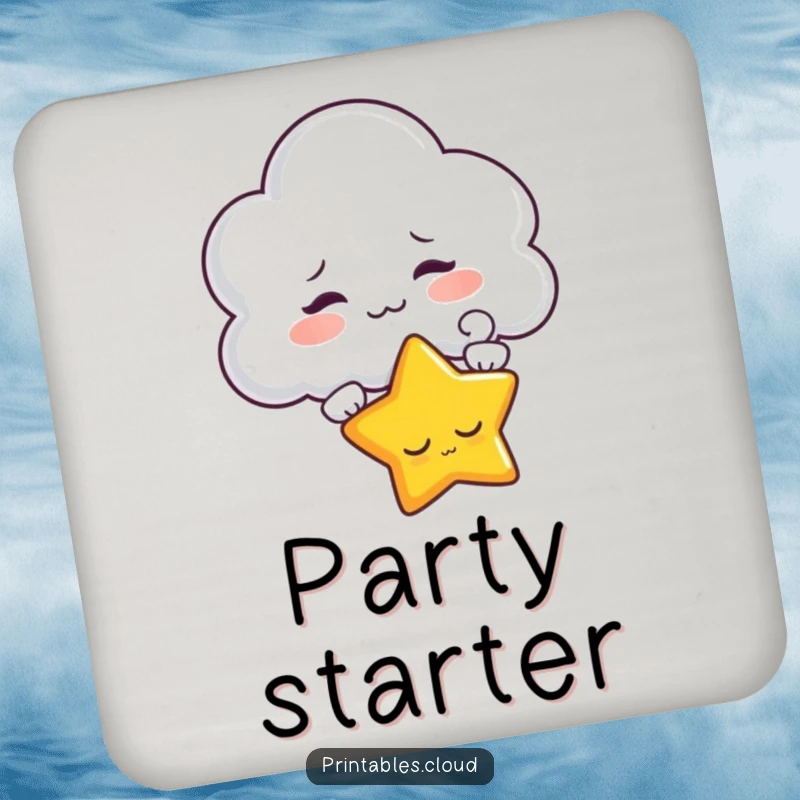 Funny coaster with a mischievous cloud character teasing a sleepy star, protecting surfaces with whimsical charm.