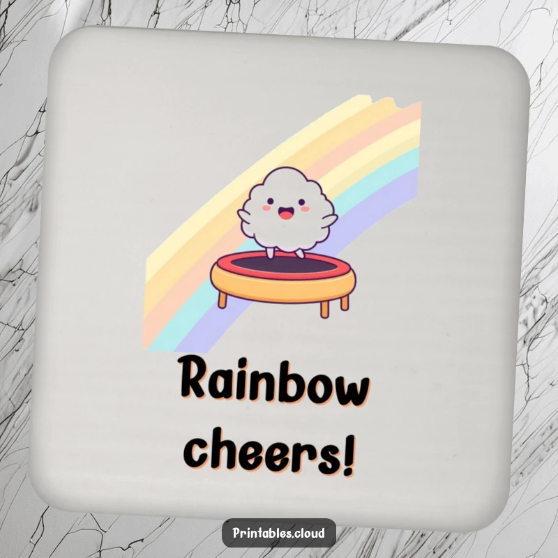 Funny drink coasters featuring a happy cloud character bouncing on a rainbow trampoline, adding playful humor.