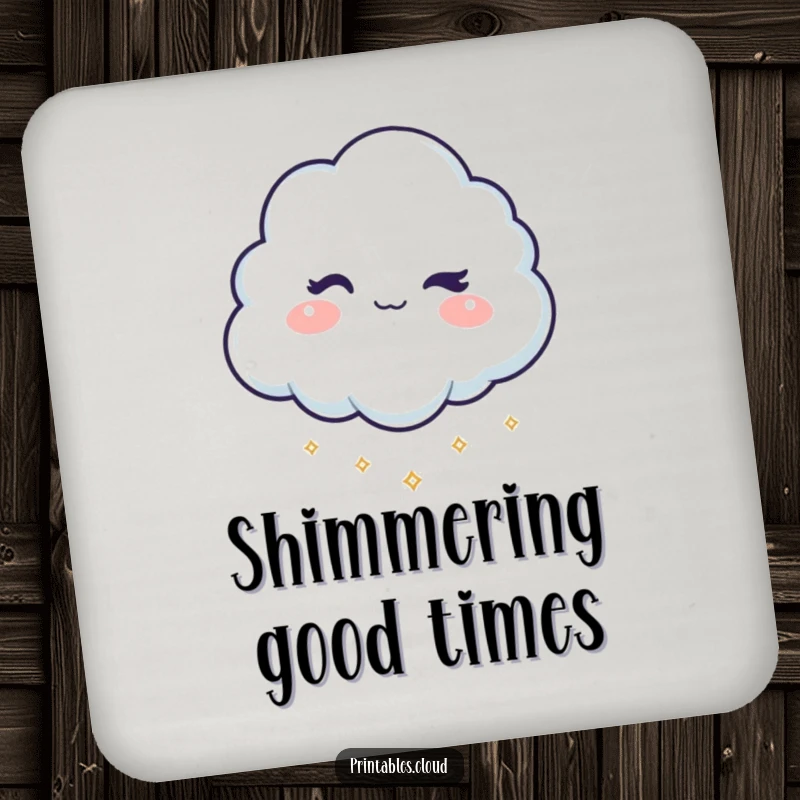 Funny drink coaster with a winking cloud character dropping tiny, shimmering sparkles, protecting surfaces with playful magic.