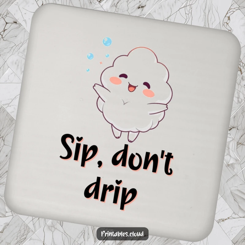 Funny Coaster: Set of coasters featuring a happy cloud character juggling dewdrops, protecting surfaces with whimsy and joy.