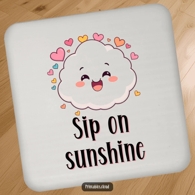 Funny drink coaster with a fluffy, wide-grinning cloud character playfully raining colorful heart shapes.