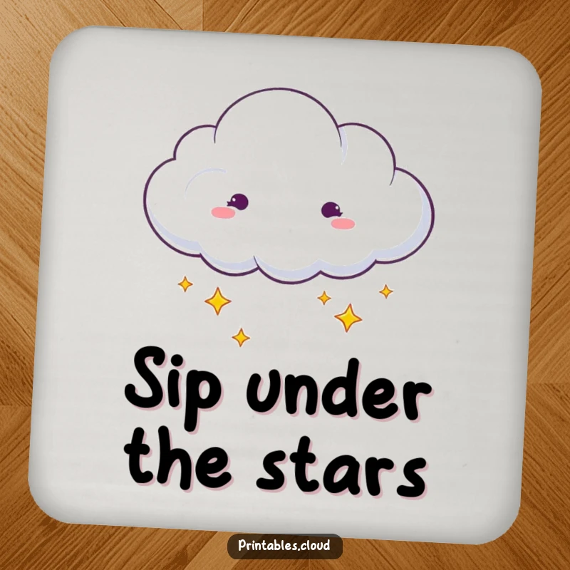 Funny dreaming cloud with stars drifting from edges drink coaster, whimsical art, practical humor, excellent funny gift.