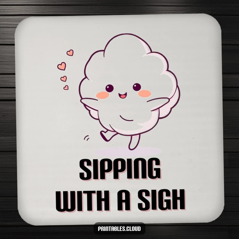 Funny drink coaster with a dancing cloud character leaving a trail of happy sighs, protecting surfaces with serene joy.