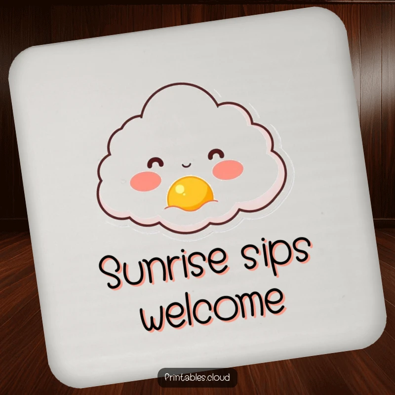 Funny coaster art depicting a rosy-cheeked cloud character joyfully watching a tiny sun rise, bringing cheerful protection.