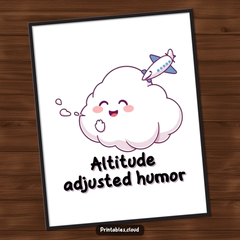 Funny Poster: A giggling cloud character tickles an airborne airplane with mist, creating a cheerful sky scene.