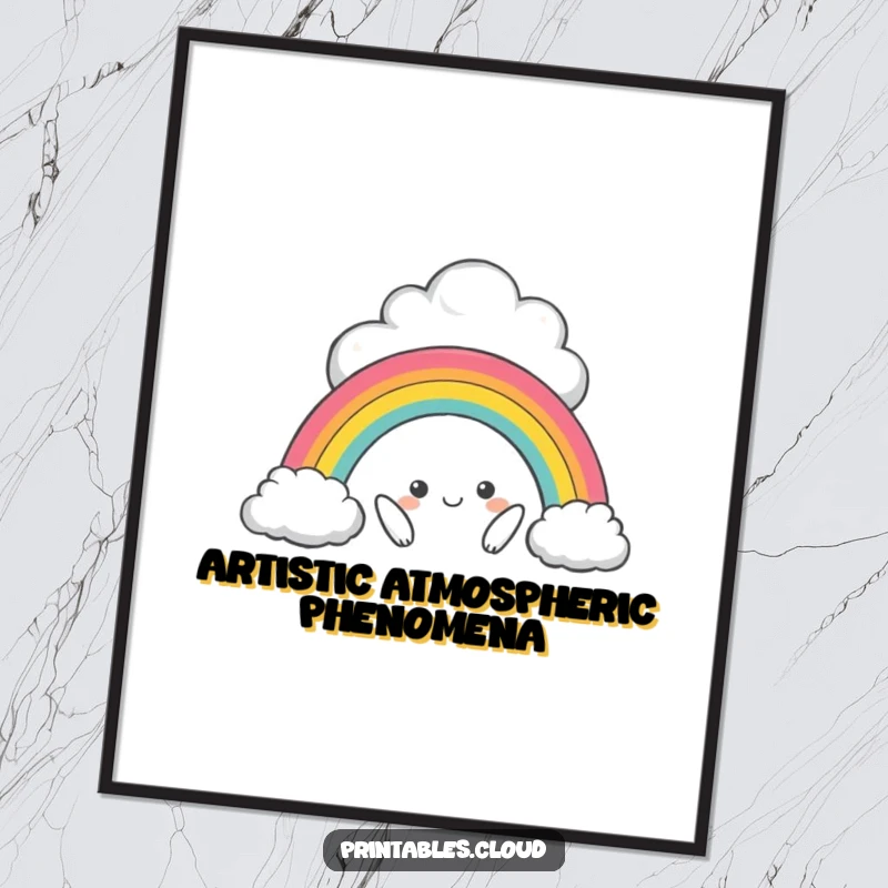 Funny poster showcasing a mischievous cloud character creating a miniature rainbow, a delightful piece of whimsical wall art.
