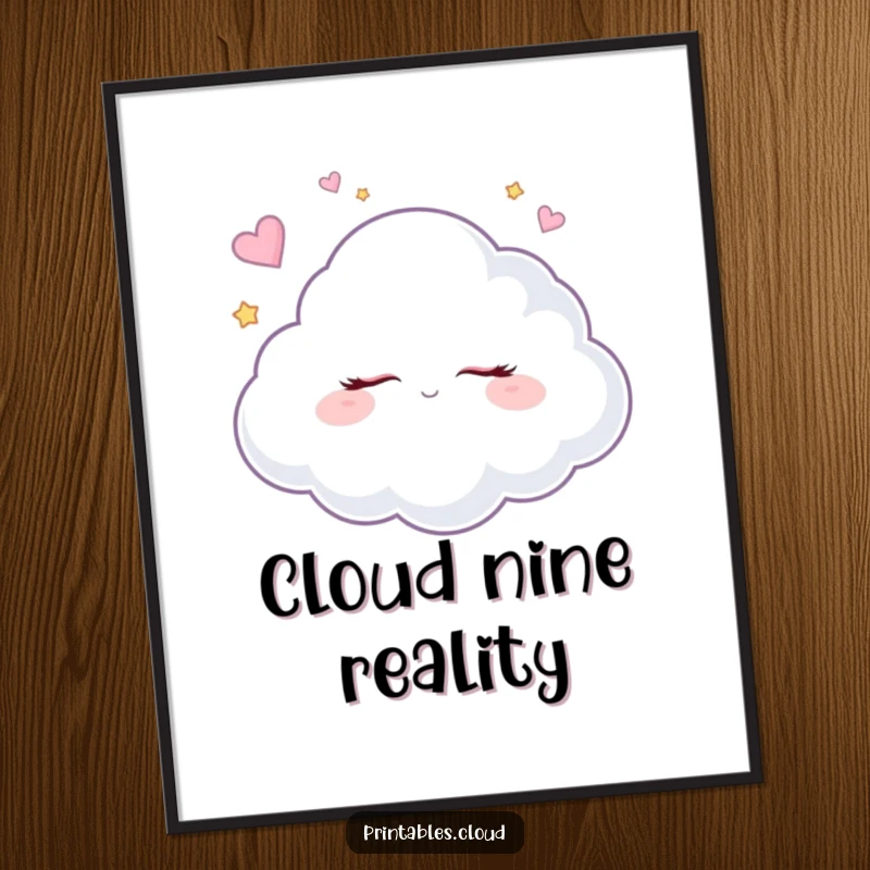 Funny dreaming cloud poster for wall decor, eyes closed, cherishing sugar plum fantasies, adding whimsical humor.
