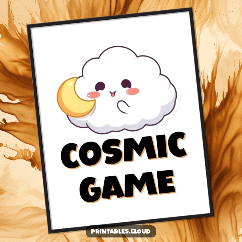 Funny poster art of a cloud character playing catch with a glowing moon, whimsical night sky illustration, humorous wall decor gift.