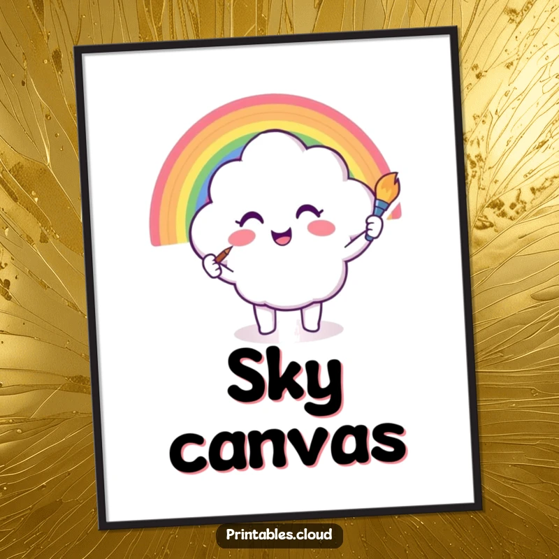 Funny poster art of a cloud painting a rainbow with a brush, vibrant and cheerful illustration, humorous wall decor gift.