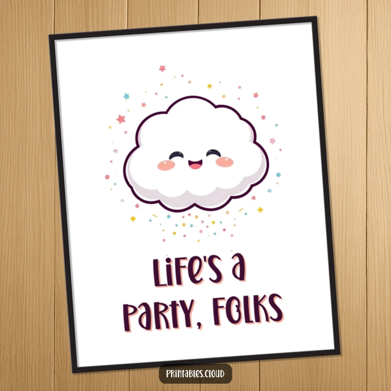 Funny poster illustration of a giggling cloud character showering sparkling confetti, radiating pure happiness.