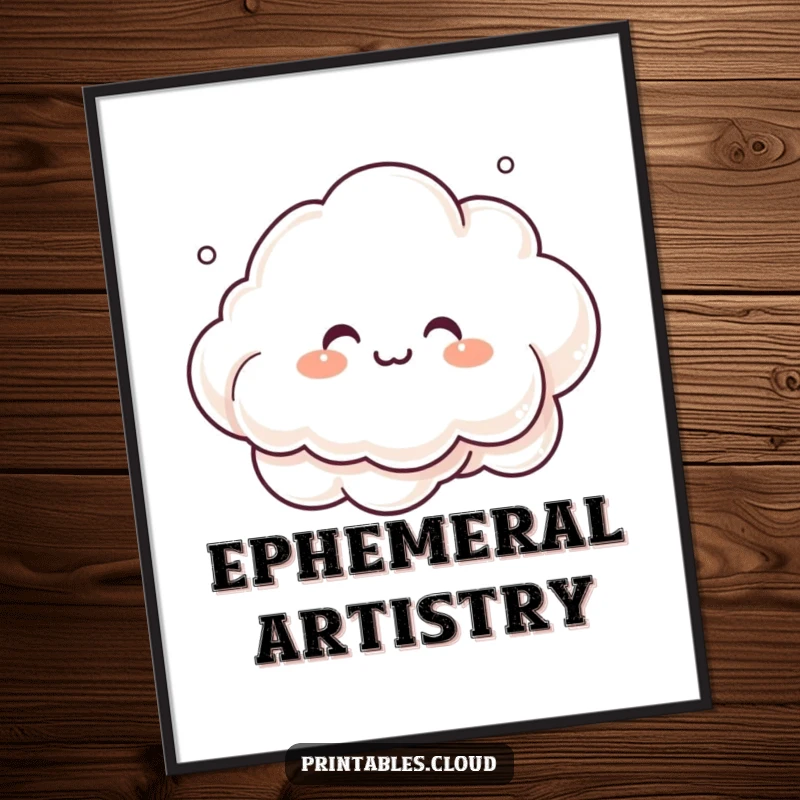Funny giggling cloud character, making mist art, on a vibrant poster, whimsical wall decor.