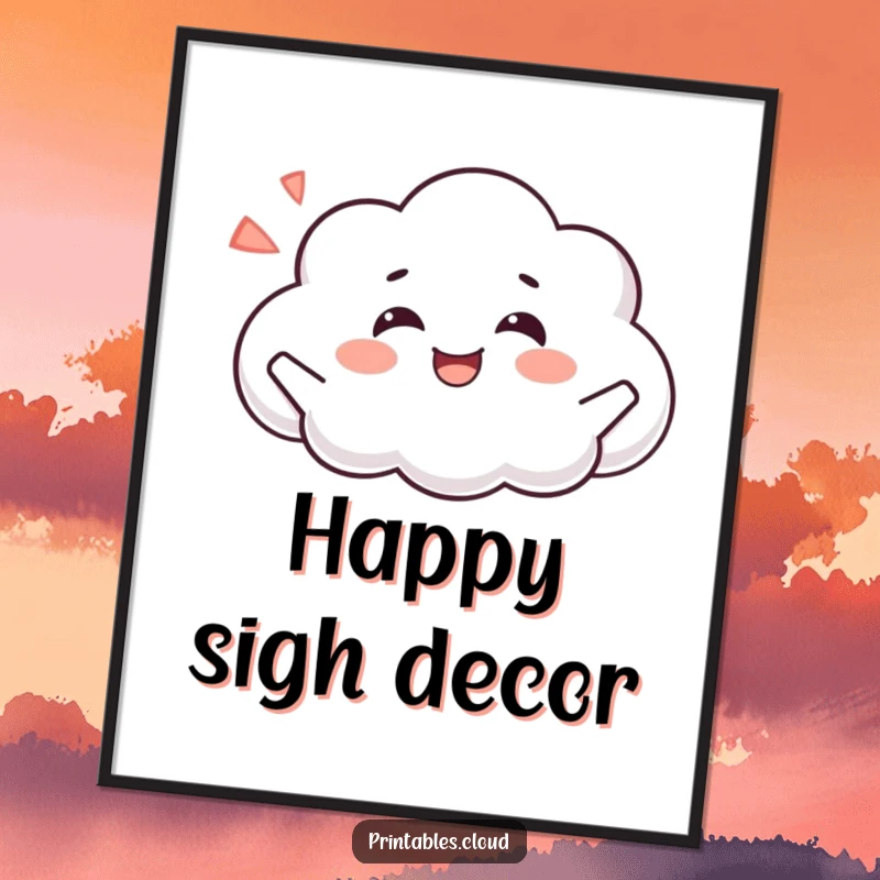 Funny poster artwork of a content cloud character joyfully posing with eyes closed, releasing a peaceful, happy sigh.