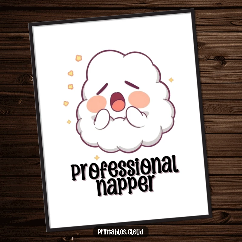 Funny Poster: A sleepy cloud character yawns adorably, releasing a soft trail of magical glowing dust, perfect for humorous wall art.