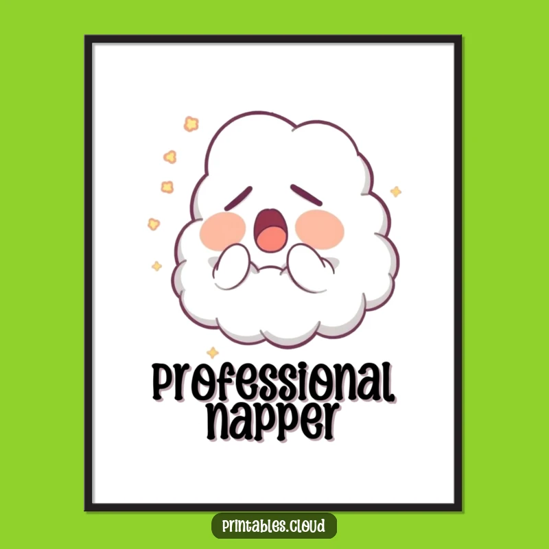 Funny Sleepy Cloud Poster: Whimsical Yawning Character, Glowing Dust Art, Gift Decor