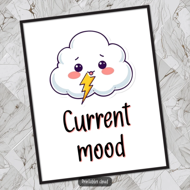 Funny Surprised Cloud Poster illustrating a shocked cloud character reacting to a tiny, giggling lightning bolt, adding humorous energy to walls.