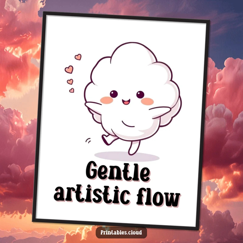 Funny poster featuring a cloud character performing a gentle dance, leaving a whimsical trail of happy sighs, evoking peace.