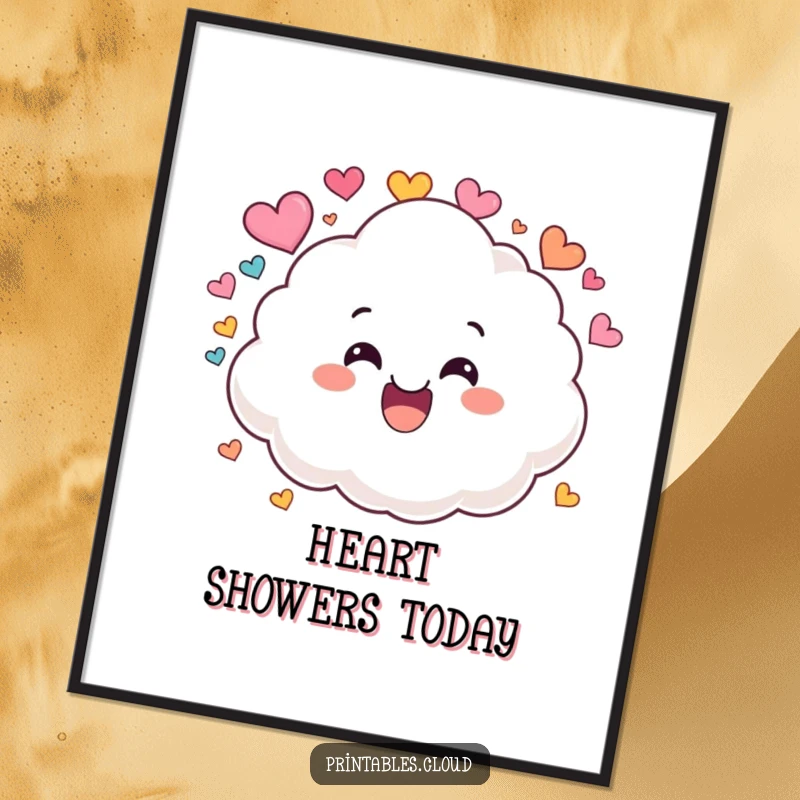 Funny poster print of a fluffy cloud character with a huge grin, joyfully raining colorful heart shapes.