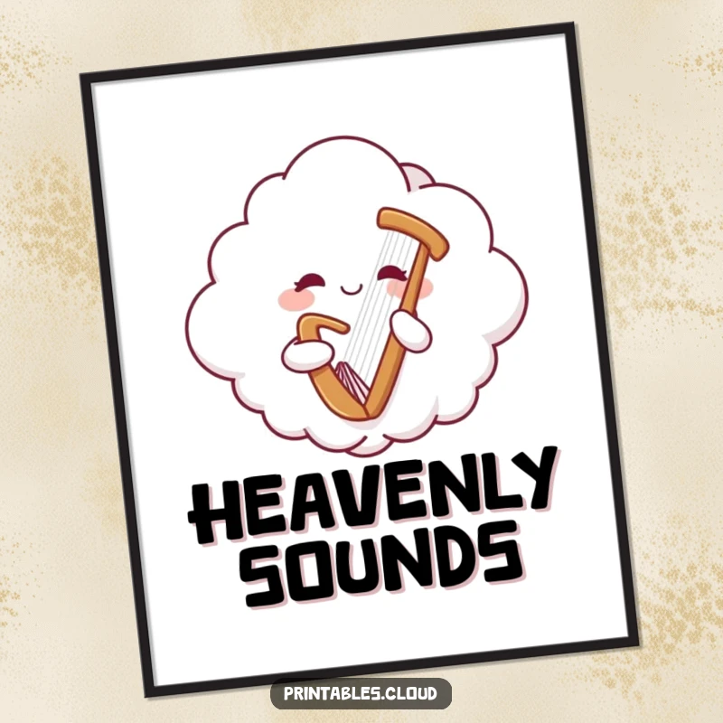 Funny poster of a cheerful cloud character floating and playing a gentle harp, bringing serene musical joy to your walls.