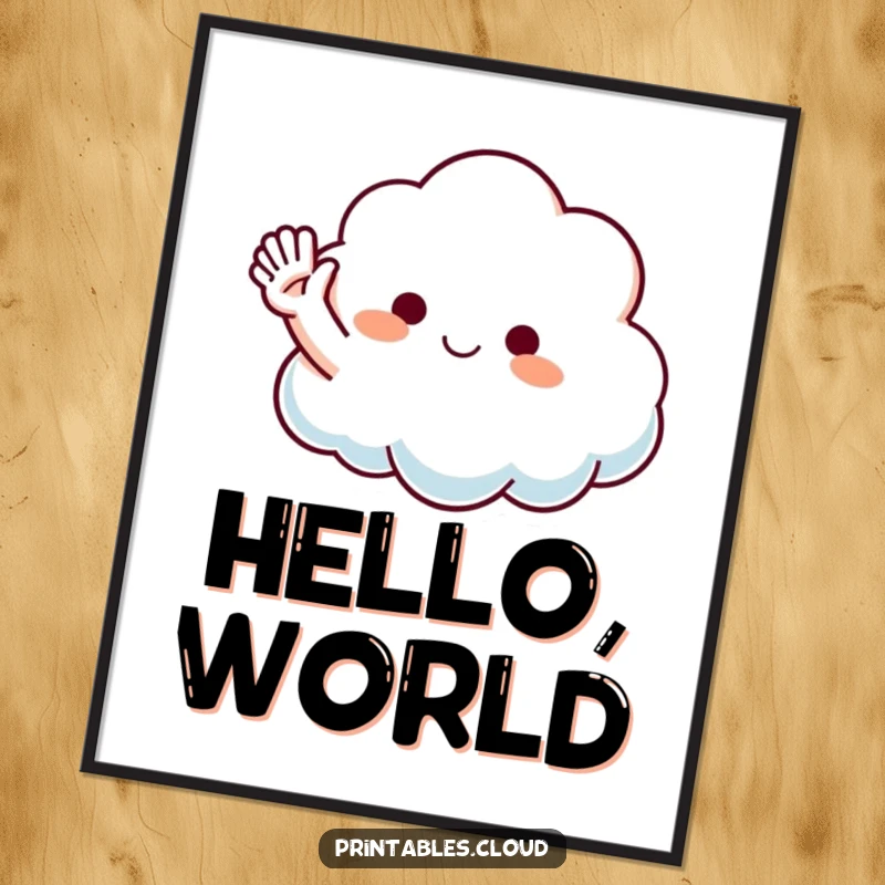 Funny Waving Cloud Poster featuring a fluffy cloud character raising a playful arm in a welcoming wave, bringing cheerful humor to walls.