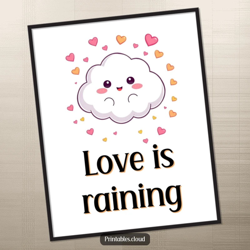 Funny Poster: A fluffy cloud character playfully rains tiny, colorful hearts, creating a sweet and humorous wall art.