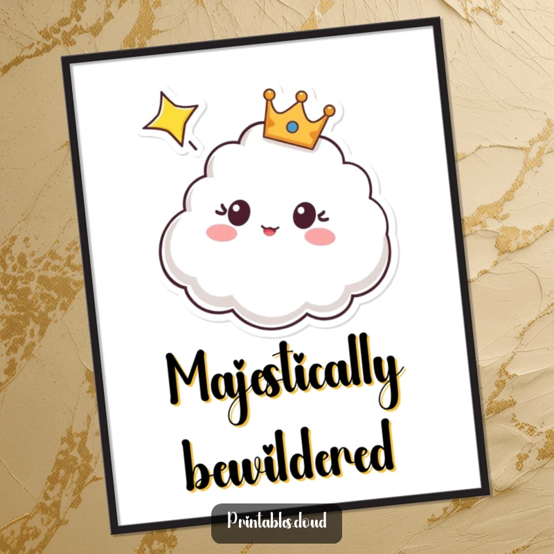 Funny poster featuring a crowned cloud character, eyes wide with surprise, watching a shooting star fly by, whimsical celestial art.