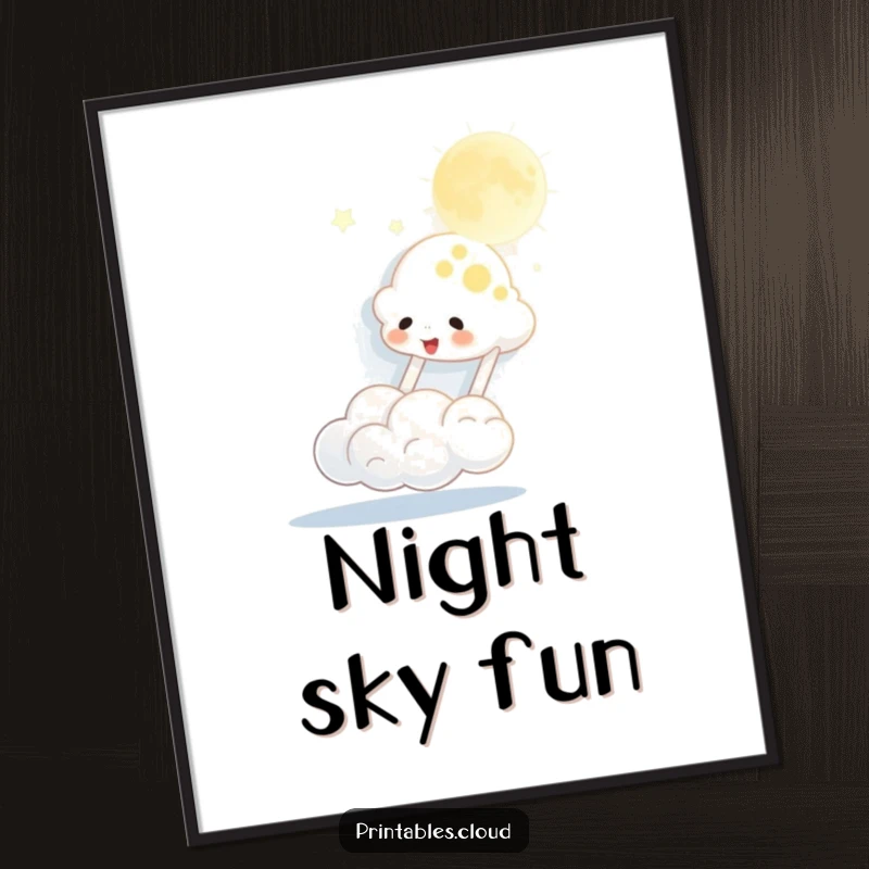 Funny poster of a cloud character gleefully bouncing the shimmering moon like a playful ball, bringing celestial whimsy to your walls.