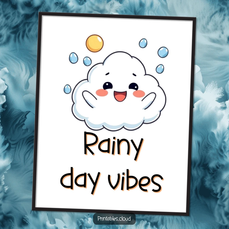 Funny poster art of a happy cloud character joyfully juggling raindrops, spreading cheer with every drop.