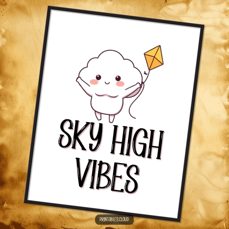 Funny poster artwork depicting a happy cloud character with arms outstretched, riding a kite through the sky with pure delight.