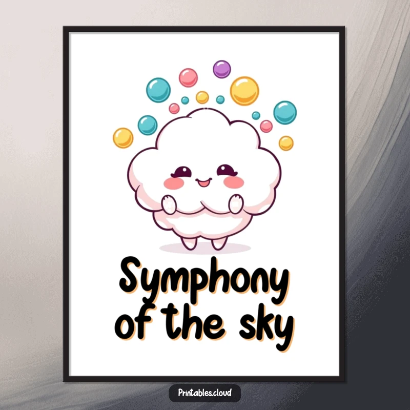 Funny poster showcasing a delighted fluffy cloud character juggling colorful raindrops, bringing cheer and whimsy to wall decor.