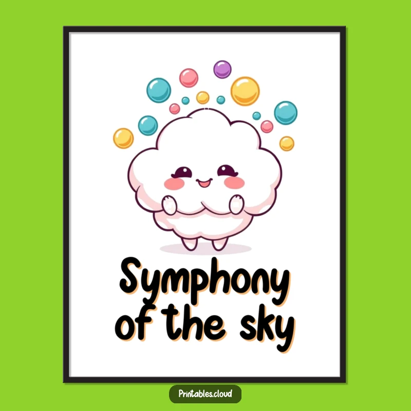 Funny Cloud Juggling Raindrops Poster, Joyful Wall Art Decor