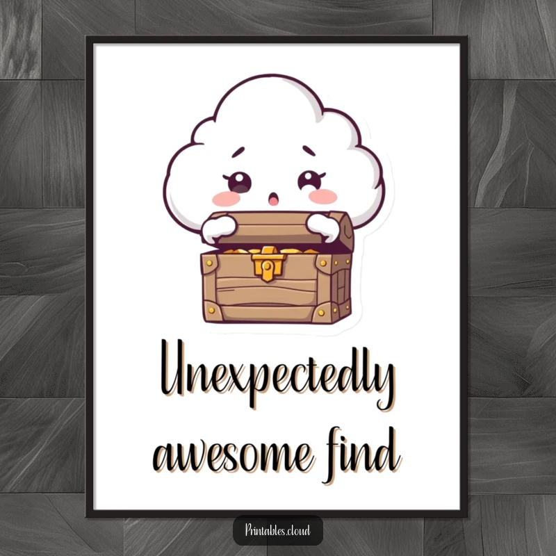 Funny poster illustrating a cloud character with shocked eyes, revealing a treasure chest packed with glittering jewels.