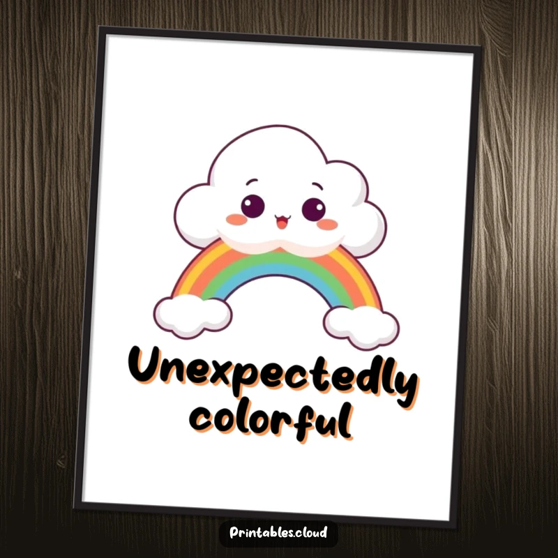 Funny Poster print of a surprised cloud peeking over a colorful rainbow, adding whimsical charm to any room.