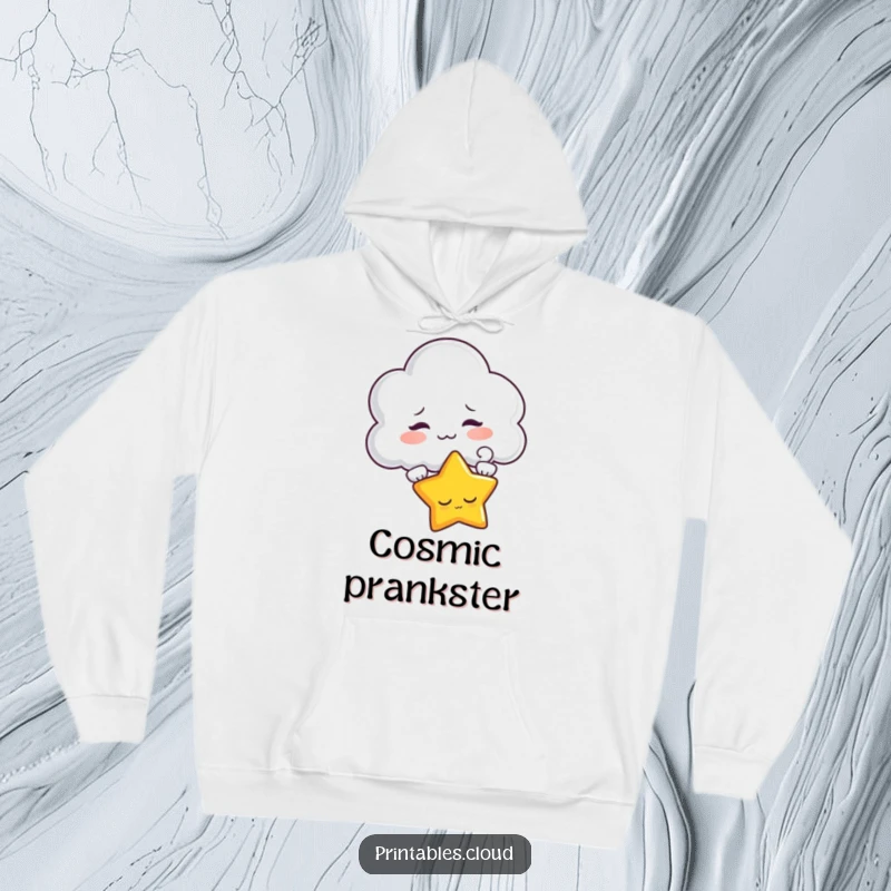Funny hoodie showing a mischievous cloud character teasing a sleepy star with a puff, offering warmth and smiles.