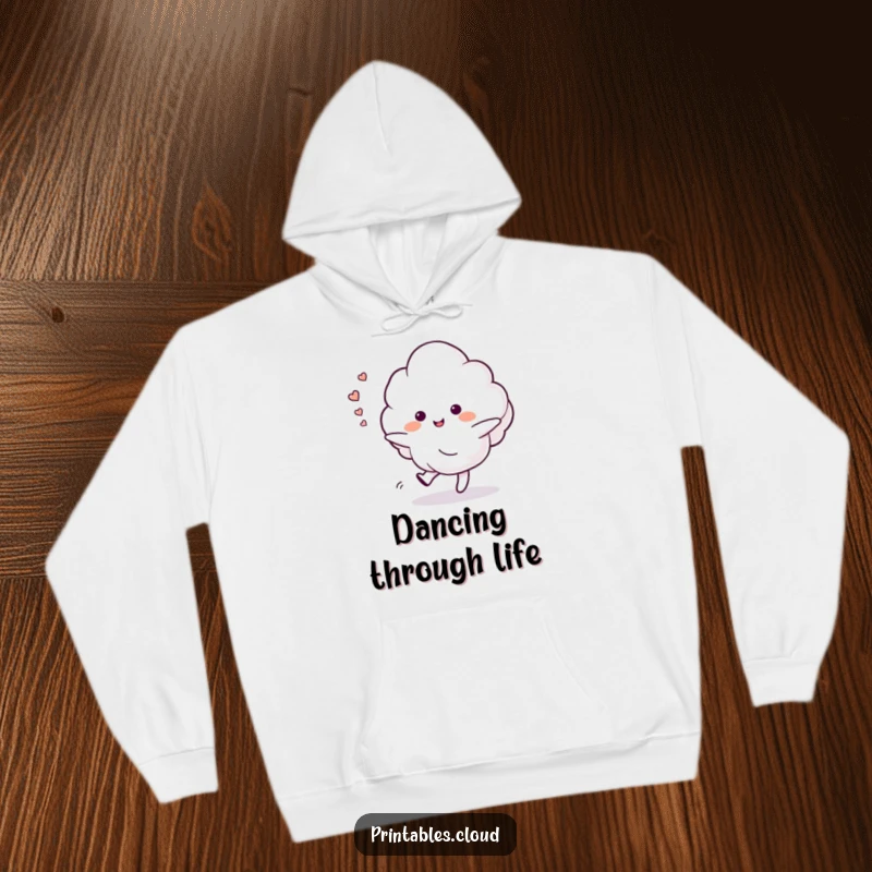 Funny hoodie featuring a cloud character dancing gently, with a visible trail of happy sighs floating behind, promoting relaxation.