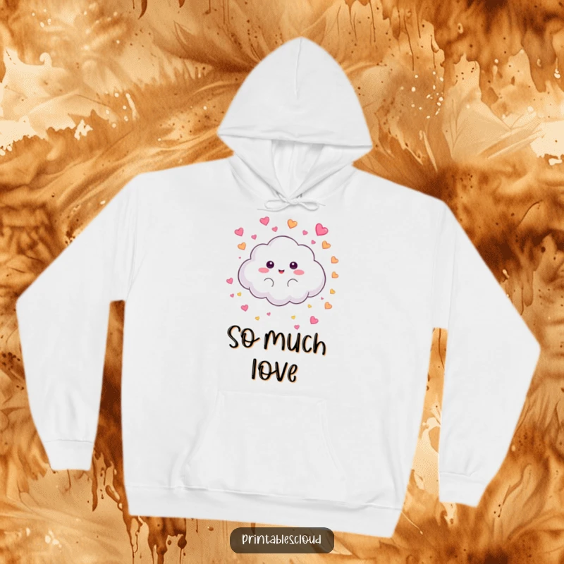 Funny Hoodie: A fluffy cloud character playfully rains colorful hearts, a cozy and charmingly funny apparel choice.